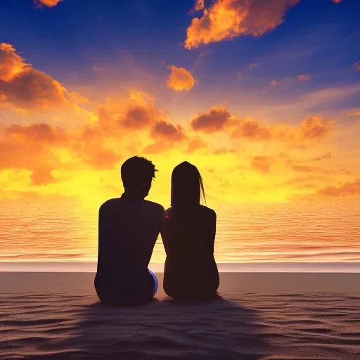 2 lovers watching the sunset sitting in the sand on a sand island