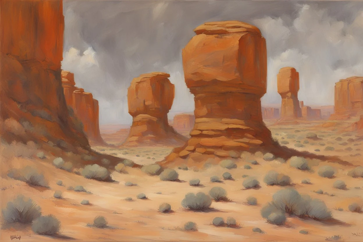 Grey sky, planet in the sky, rocks, cliffs, rocky arid land, 90's sci-fi movies influence, rodolphe wytsman and wilfrid de glehn impressionism paintings