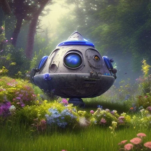 pixar style, volumetric summer garden environment and background, realistic painting of debris ufo, looking excited, volumetric lighting, dramatic lighting, detailed digital painting, extreme dense and fine fur, anime, ornate, colour-washed colors, elegant, small minutiae, tiny features, particulars, centered, smooth, sharp focus, renderman gofur render, 8k, uhd, detailed eyes, realistic shaded volumetric lighting, sunlight caustics, backlight, centered camera view