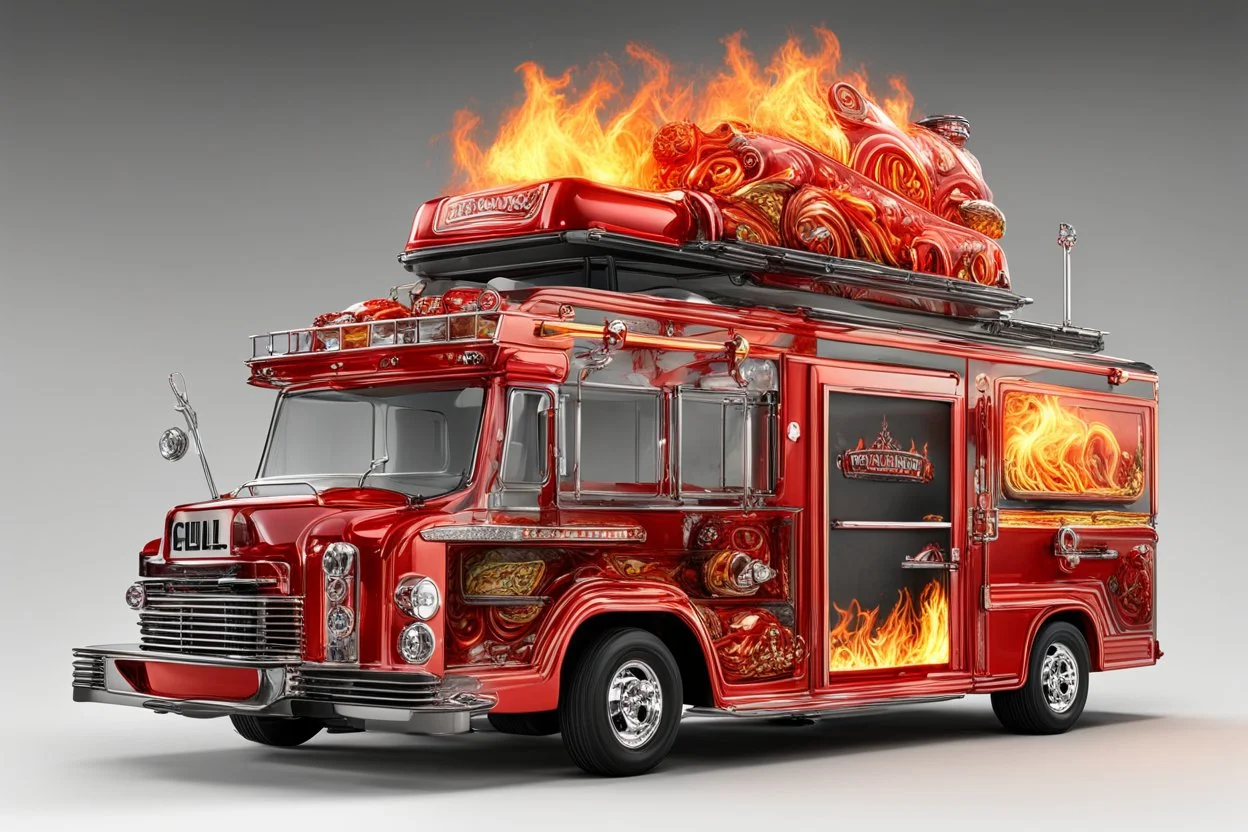 Crystal Clear glass food truck shaped like a firetruck, "5 Alarm Chili" food truck theme, fantastical vehicle with the side open to a ordering window and food bar, elaborate, vibrant, fantastical, photorealistic, maximalist, insanely detailed, concept art, red and black color scheme, smoke and sizzle effects