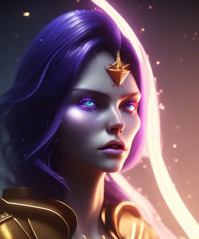 mage, long dark blue hair, purple, gold, sparkle, light makeup, powerful, magic, unreal engine, cinematic lighting, octane render, photo realistic, ambiance