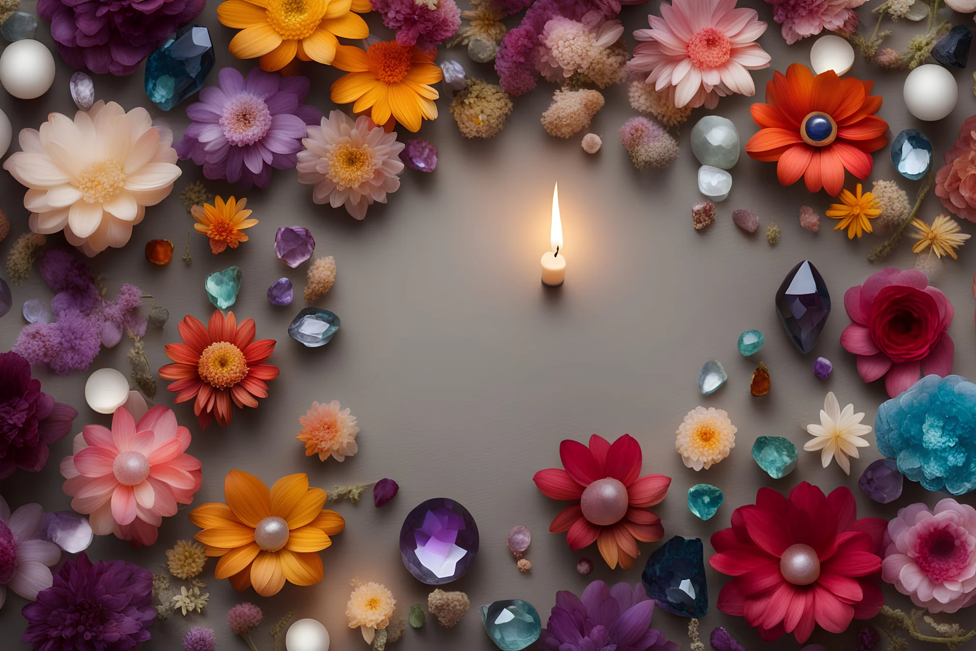 top view of lot of coloured flowers and gemstones in candlelight