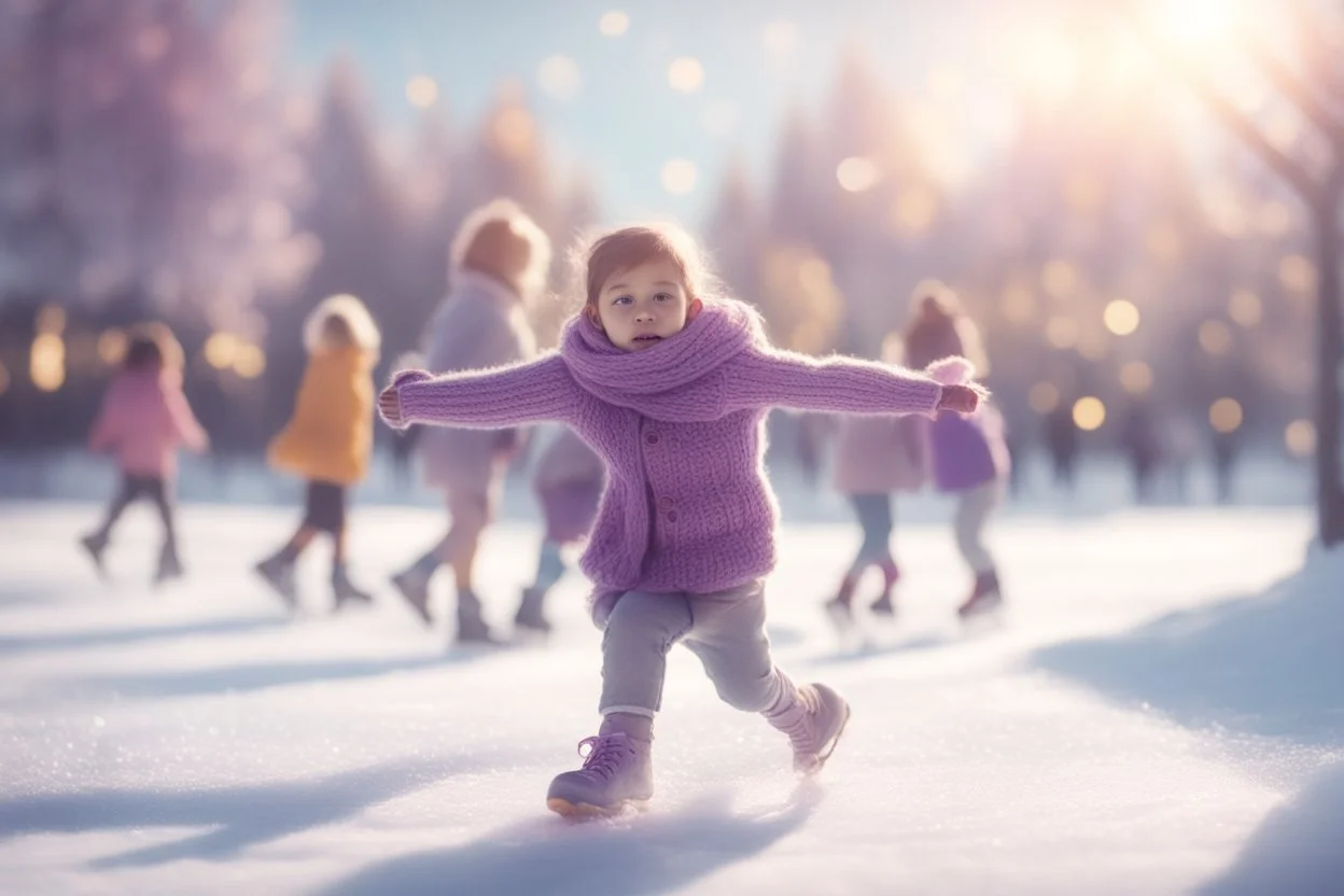 pencil drawing, pastel colours, in the foreground we see a purple knitted scarf falling on the ice, in the background cute cjibi children are skating happily in sunshine, ethereal, cinematic postprocessing, bokeh, dof