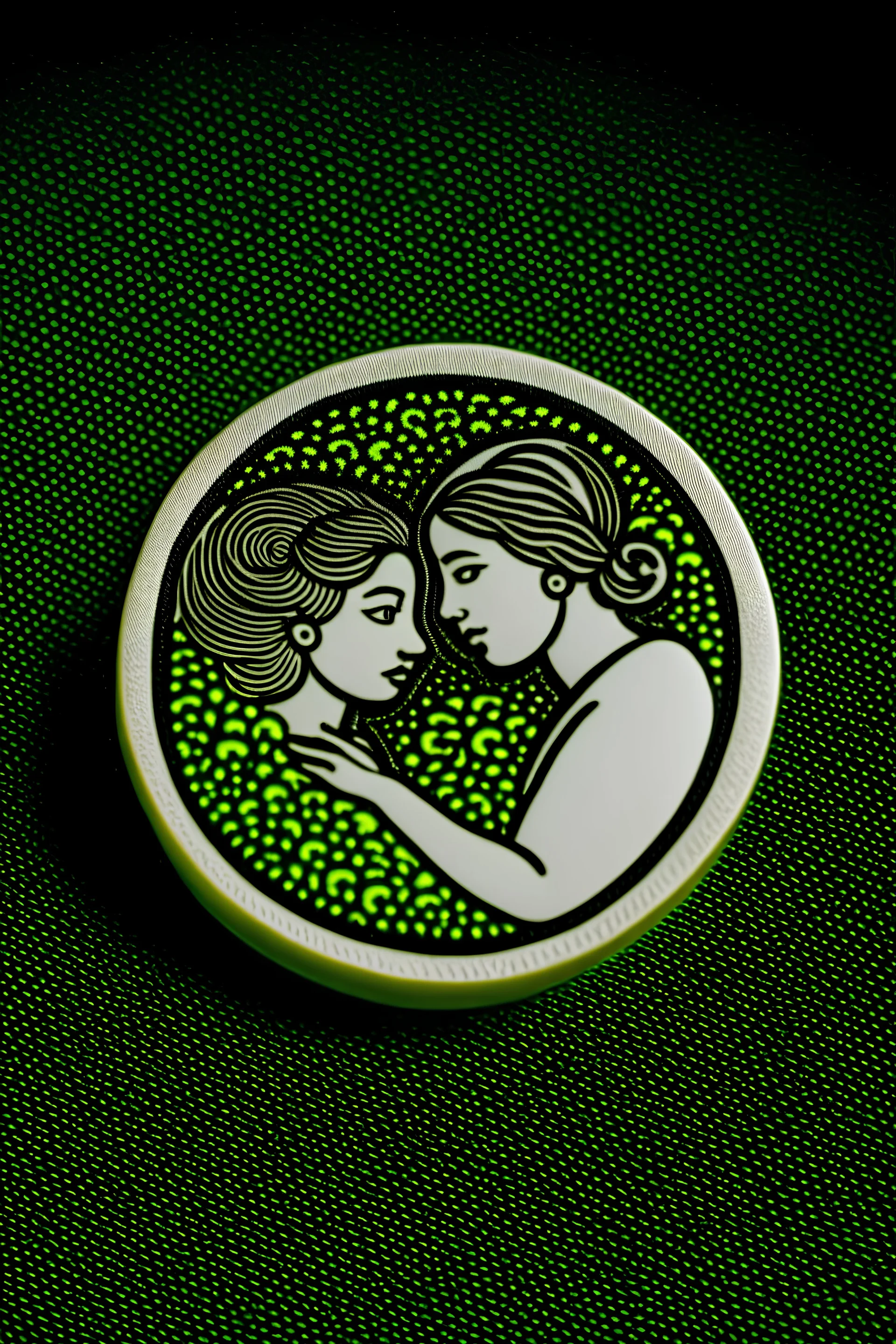 A design printed on a brooch that expresses the fight against gender-based violence in one colour