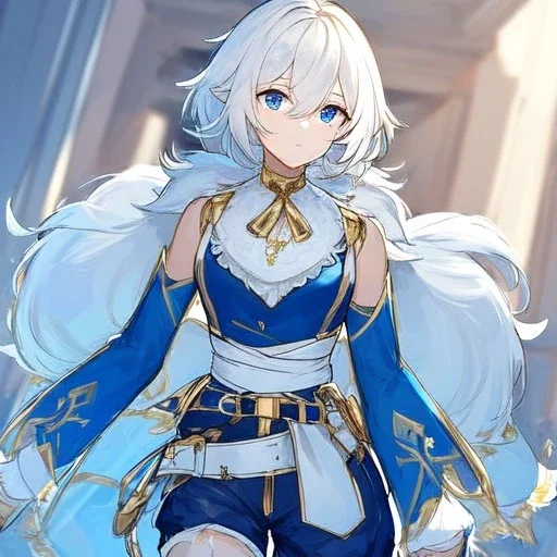 Clear focus, High resolution, rough line sketch art, short fluffy white hair, hair between eyes, fluffy hair, blue eyes, wearing a sleeveless shirt, wearing shorts, detailed outfit, lots of details, bow on belt, white belt, white and blue everywhere on outfit, cut sleeve, yellow chains around outfit