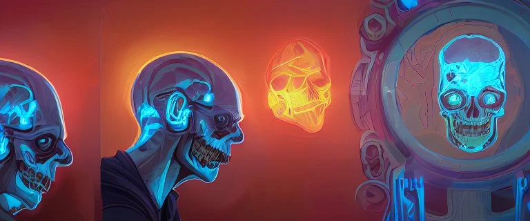 multiple glass human skulls, high temperature, glowing blue on the bottom, glowing red on the top, large blue red and orange flame coming from under and behind hovering in high in the sky, contrasting colors precisionism psychedelic art surrealism street art digital illustration wet wash 64 megapixels 8K resolution 8K resolution telephoto lens telephoto sharp focus Unreal Engine 5 VRay radiant retro futuristic galactic