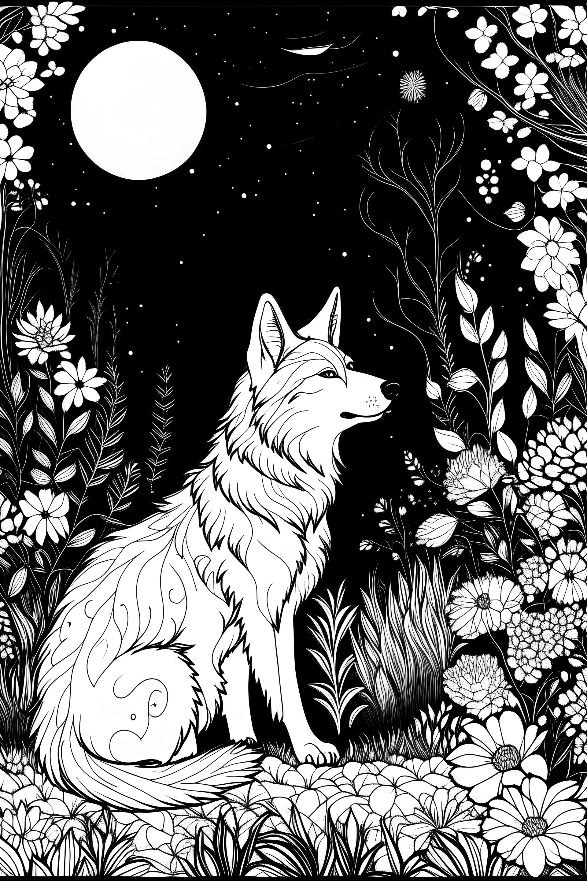 Outline art, wolf in the garden, cartoon style, black and white, low detail, no shading, --ar 9:11