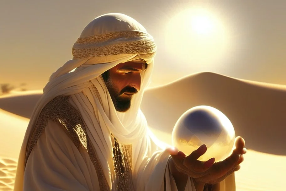 A sheikh dressed in Arab dress holds a palm-sized pearl, silky and shimmering in the desert sunlight.