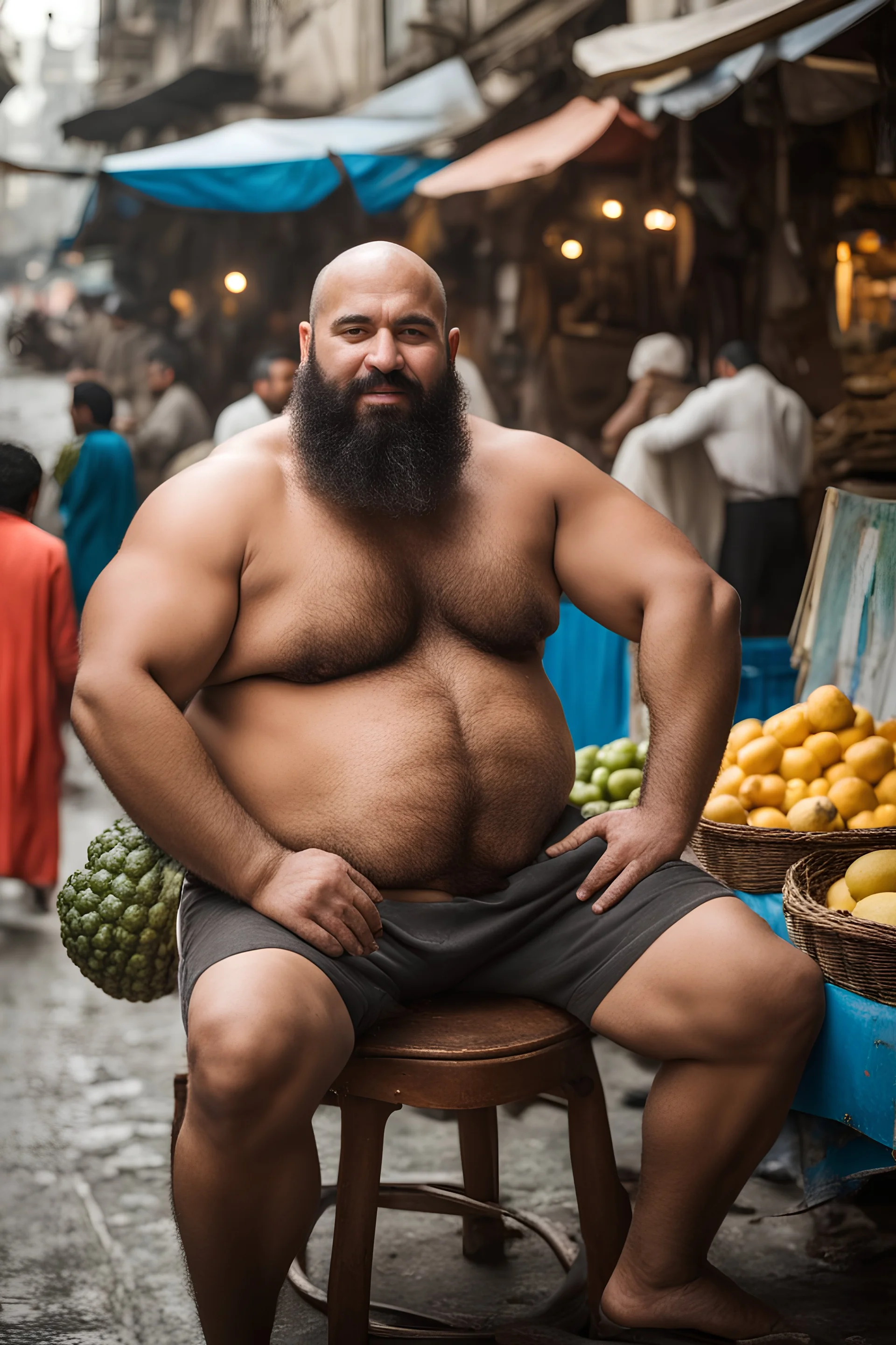 half figure photography of a burly chubby muscular strong 39-year-old arab in Istanbul bazaar, ajar mouth, shirtless, short beard, bald, selling fruits sitting on an old chair, big shoulders, bulge, manly chest, very hairy, side light, view from the ground