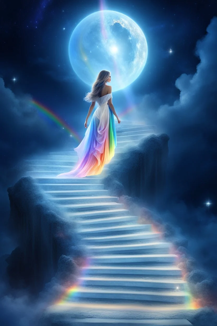 fantastic,Beautiful woman, stairway to heaven whit rainbow, ufos