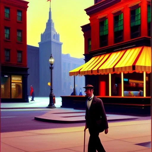 a man crossing a street by painter Edward Hopper, fade colors, painting texture