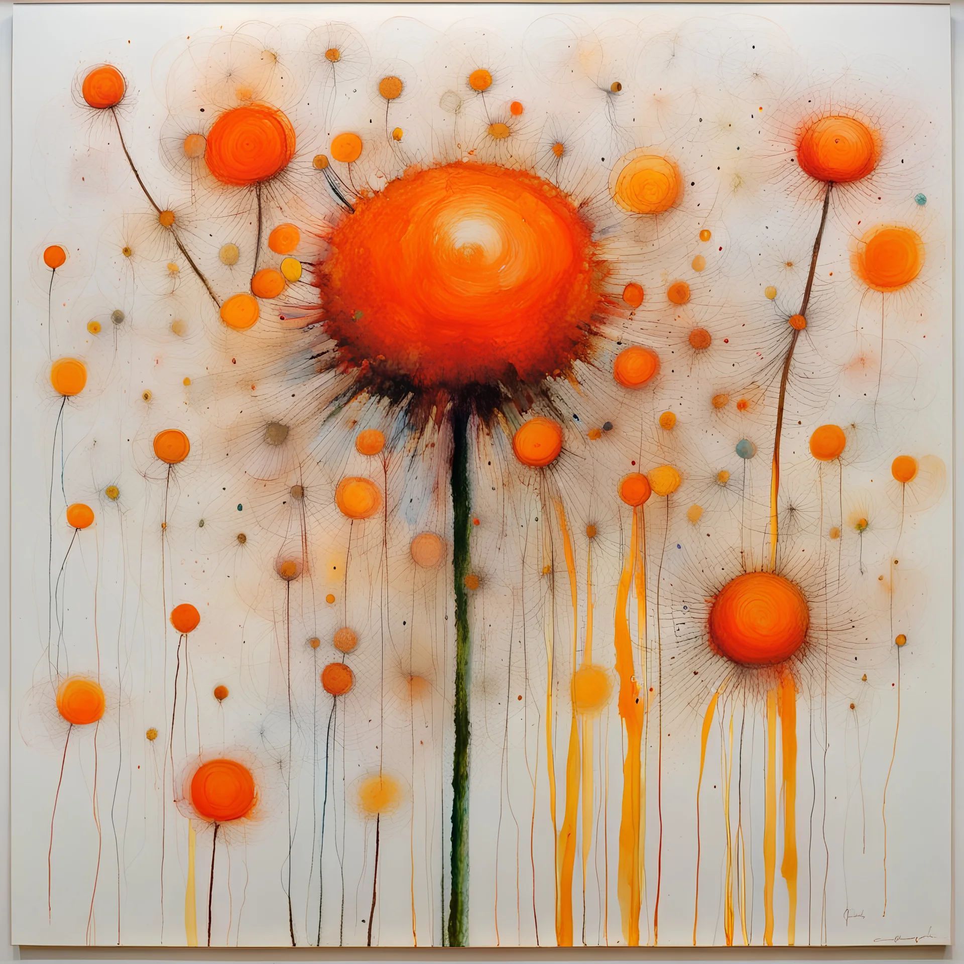 by Cy Twombly; Free will is a red herring; Klimt; Hundertwasser; controversial; stupendous; transcendent,; watching dandelion seeds in the wind, alcohol inks, chalks, oil pant, glitter, mixed media; made of a fresh orange that has been cut open, photo-realistic techniques