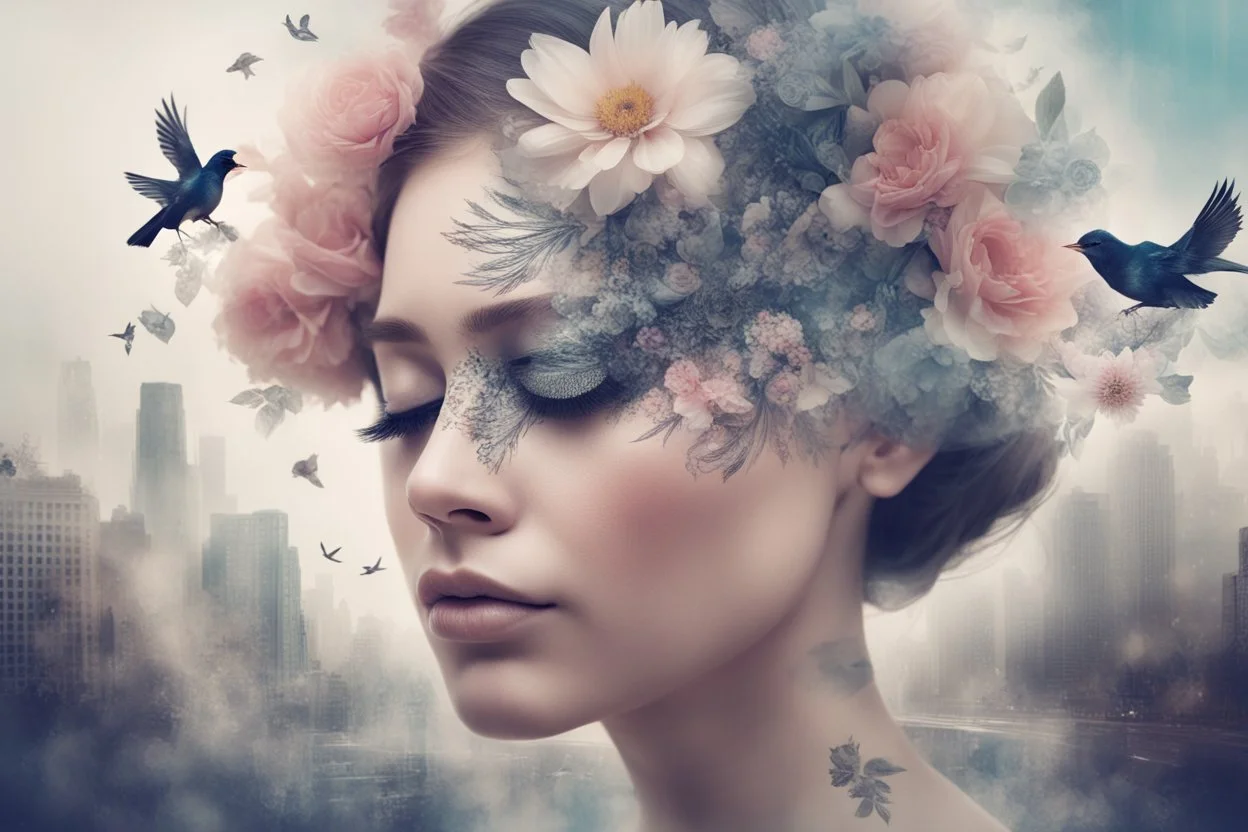 Double exposure, girl with closed eyes, large false eyelashes, Flowers, Double exposure, intricate details, city, single bird