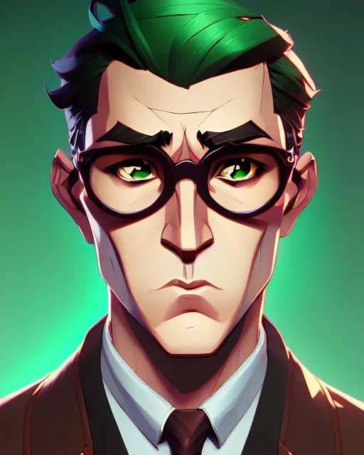 Fit man in round glasses, wavy hair, stubble, slim, tie, monotone, green eyes, comic book style, two tone colours, detailed, ink, realistic, handsome, square jaw, big brows, no jacket, bird on the shoulder, spotlight