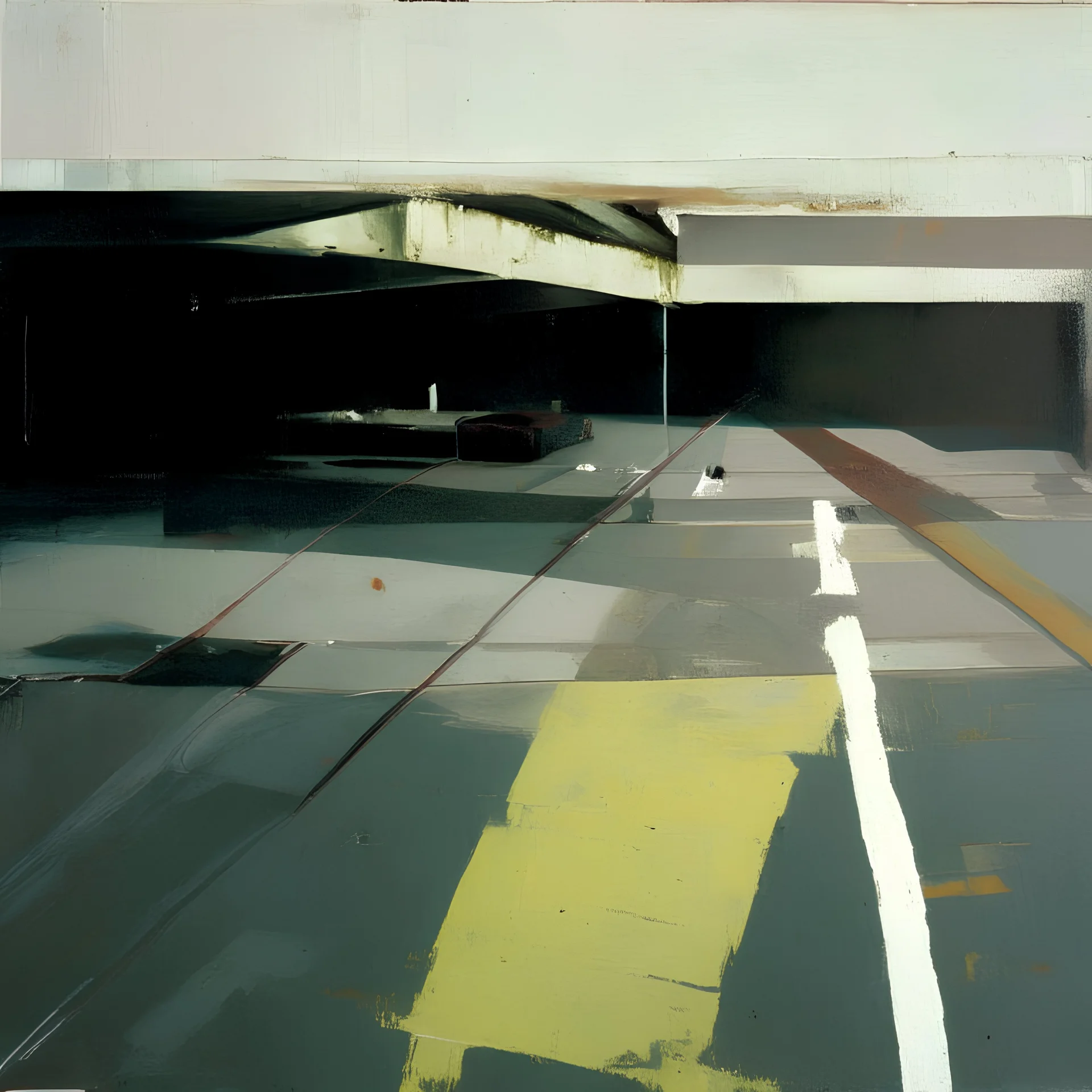 Minimal abstract oil paintings desolate 1960s carpark concrete fragments and naked bodies. style of Justin Mortimer and Francis Bacon. road markings.