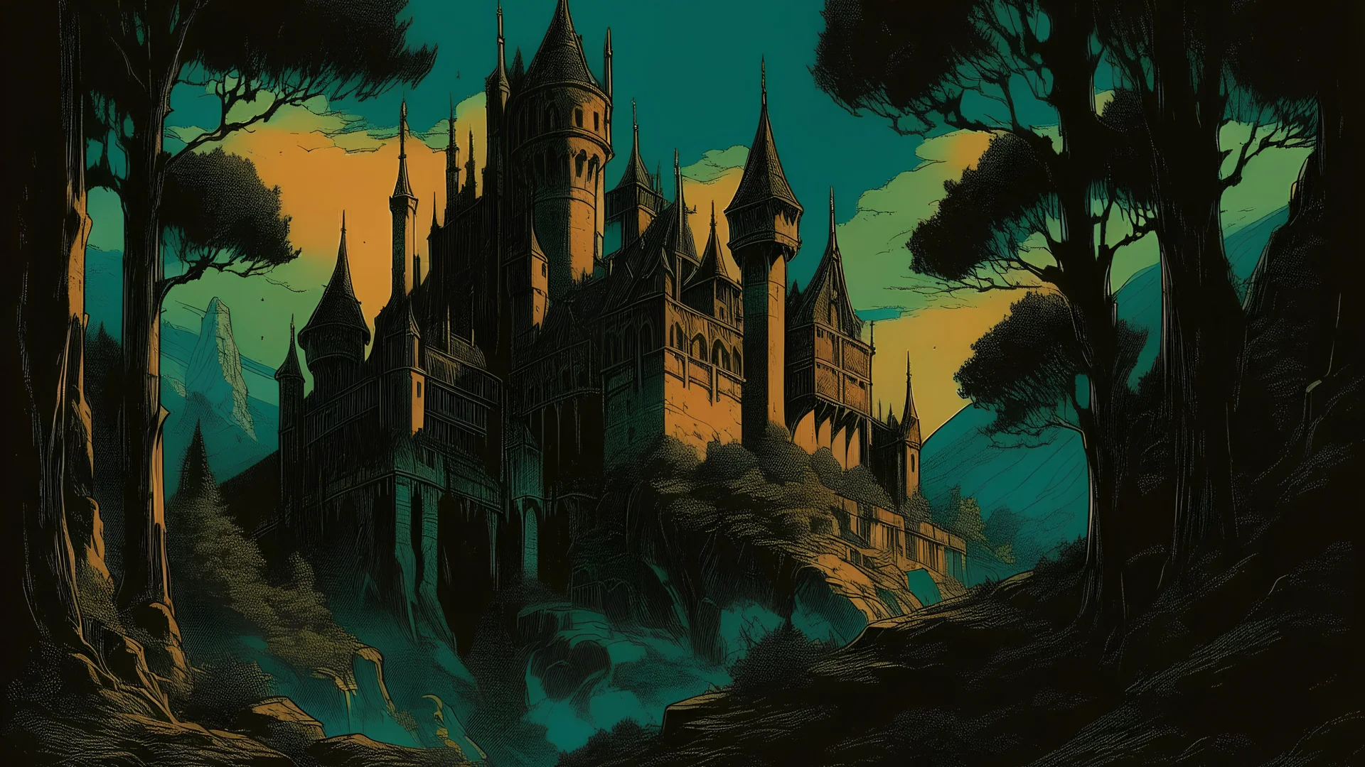 70s dark fantasy art of a medieval castle, in 70's darkwave style