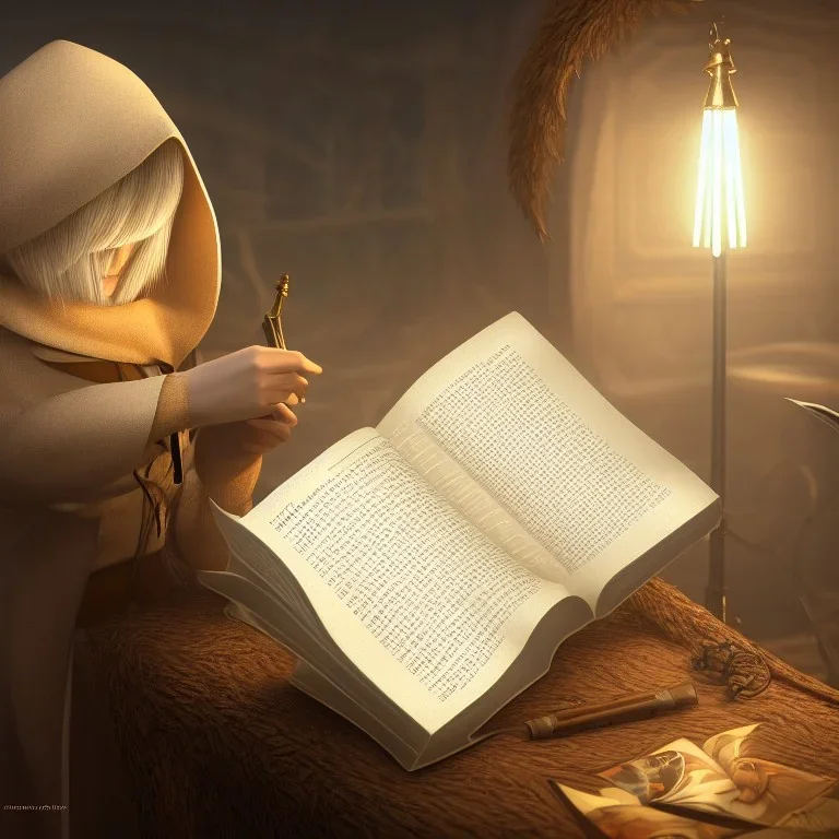 elf in beige coat and white shirt reading a tome, studio lighting, nature background, intricately detailed, smooth glowing feathers, trending on artstation, unreal engine 4k