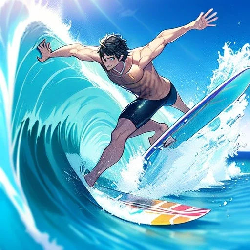 anime boy, surfer boy, surf, waves, perfect wave