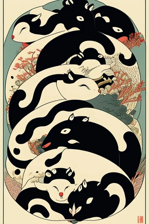  a group of animals that are on top of each other, a poster by Nōami, ukiyo-e, anime aesthetic, minimalist.