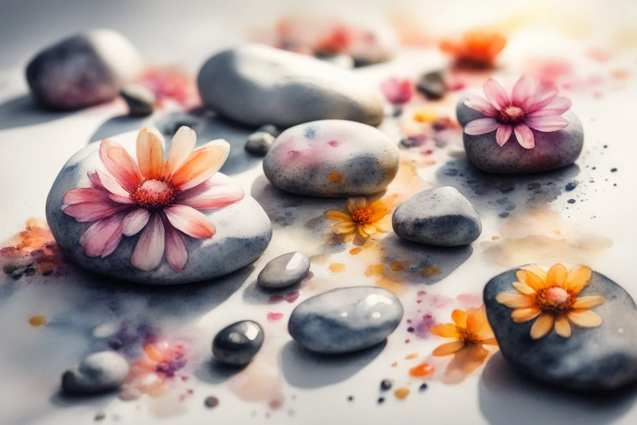 beautiful collection of stones painted with flowers, melting watercolor and black ink outlines on wet paper, soft, shading strokes, in sunshine, ethereal, otherwordly, cinematic postprocessing, bokeh, dof