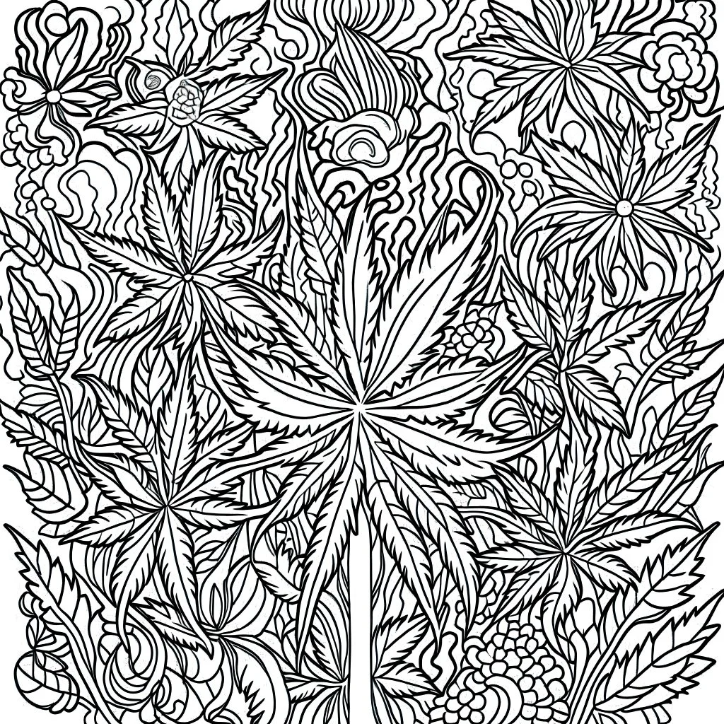 coloring page with A whimsical cannabis forest with marijuana leaves as trees. bold lines, very simple