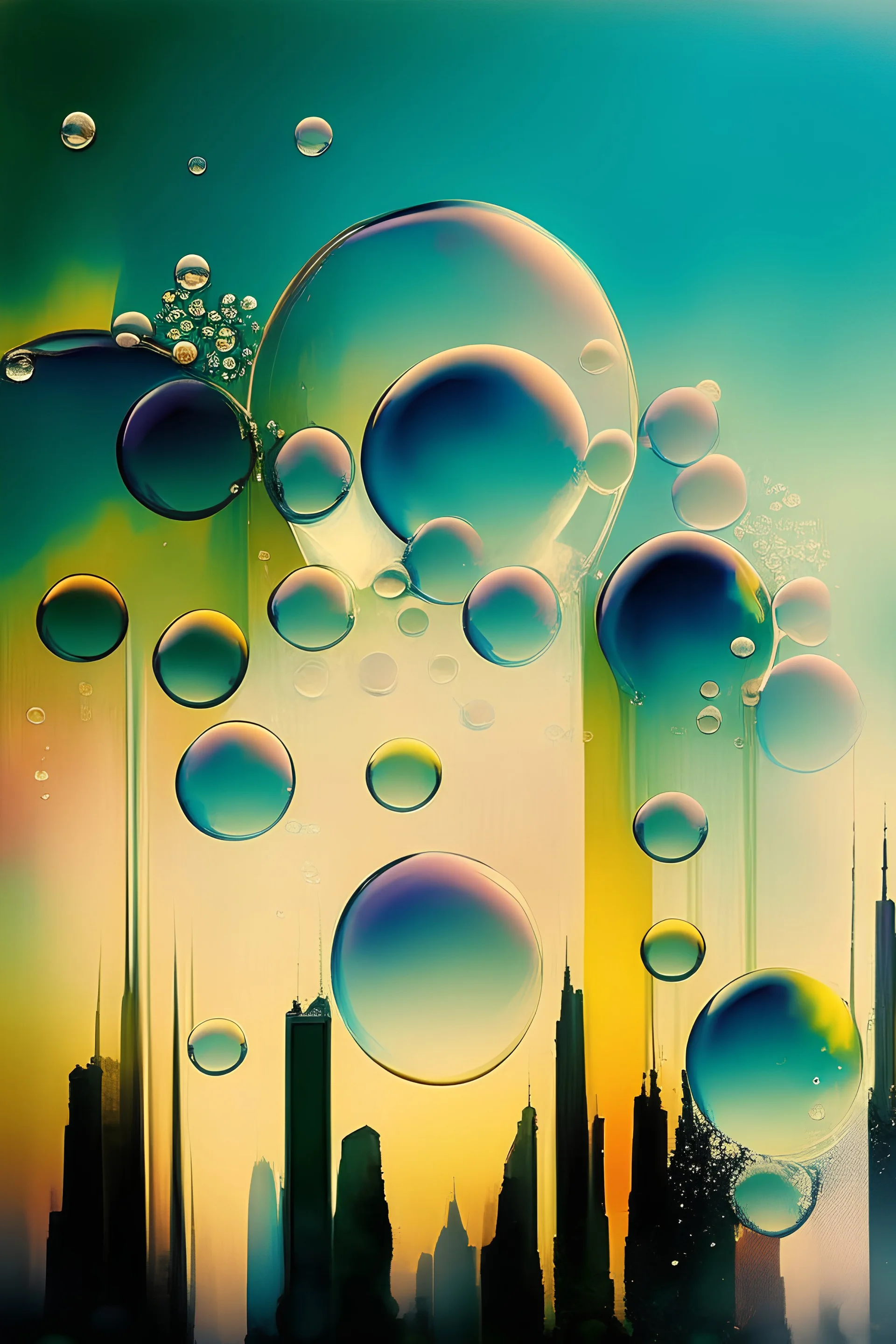 Bubbles over skyline abstract painting