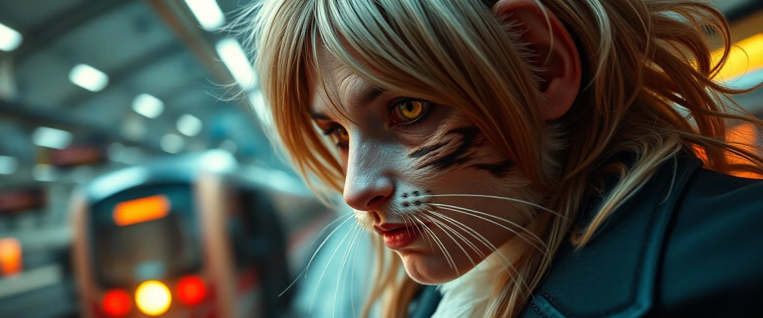 high class realism, dented skin, victorian era, cyber punk, A really close up portrait of one person individually mutated with hairy wigs glowing, and a long haired cat that just came out of a violent twister with its long hair twisted, background blur, high speed train, book cover, terrorists