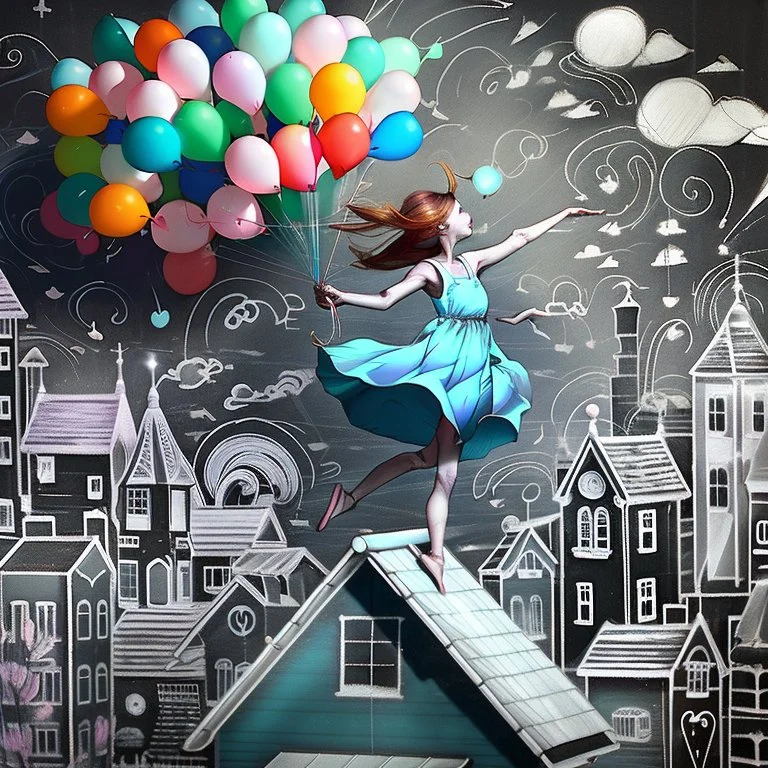 A girl in a blue dress standing tippy toe on the roof of building in chalk-drawn cityscape on a black board, holding a bunch of colorful primary colored balloons.She is standing on the roof of one of the houses, She appears carefree, soaring amidst the whimsical, artistic backdrop of houses.