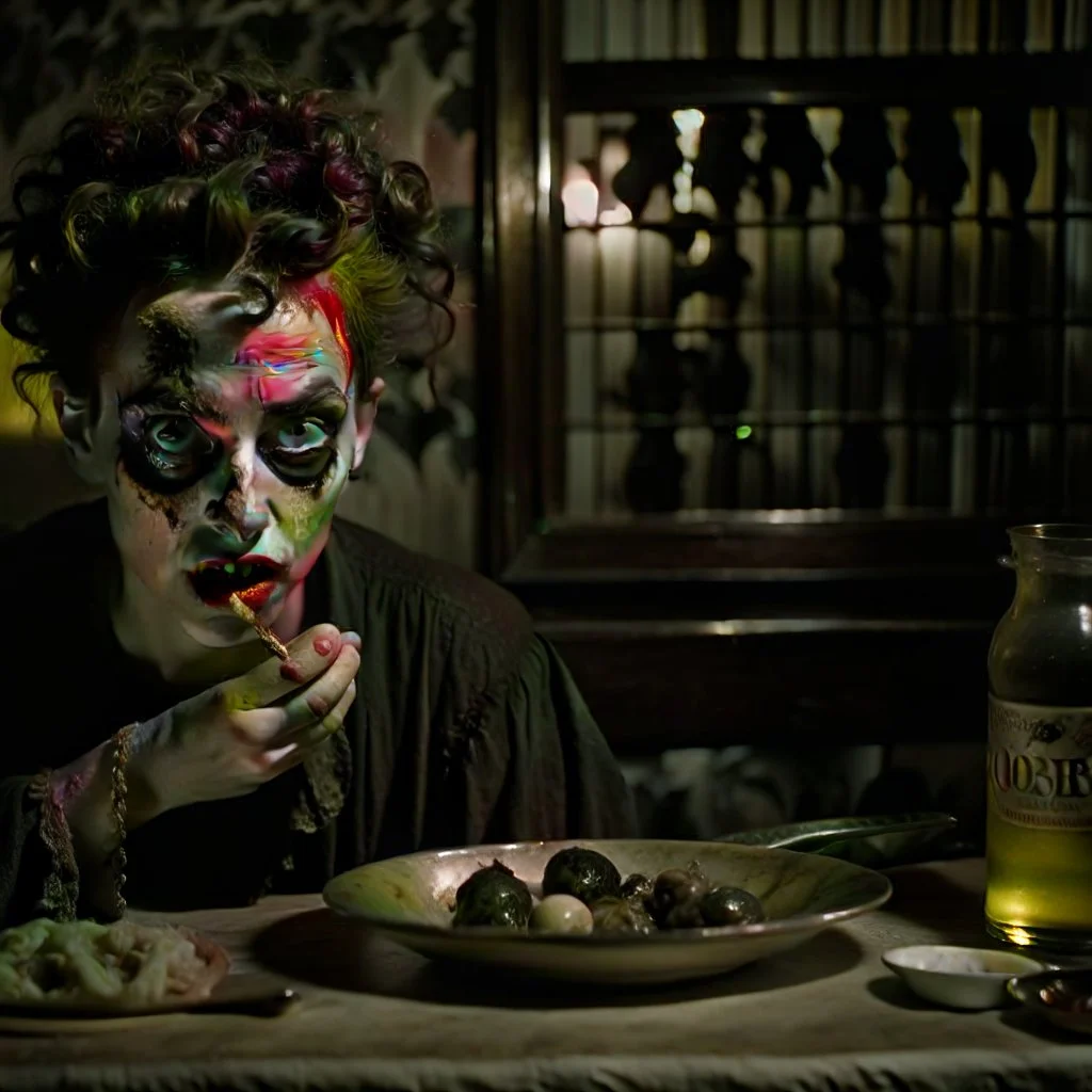 Strong texture, photorealism, Caravaggio, Egon Schiele. Intricate patterns, hypermaximalist. Photo made of inside house, an eerily mysterious, hidden and odd person is eating, a witchy house, sober style, pastel colors. Movie shot, spooky. Sinister scribbles, 33mm photography. Beasts