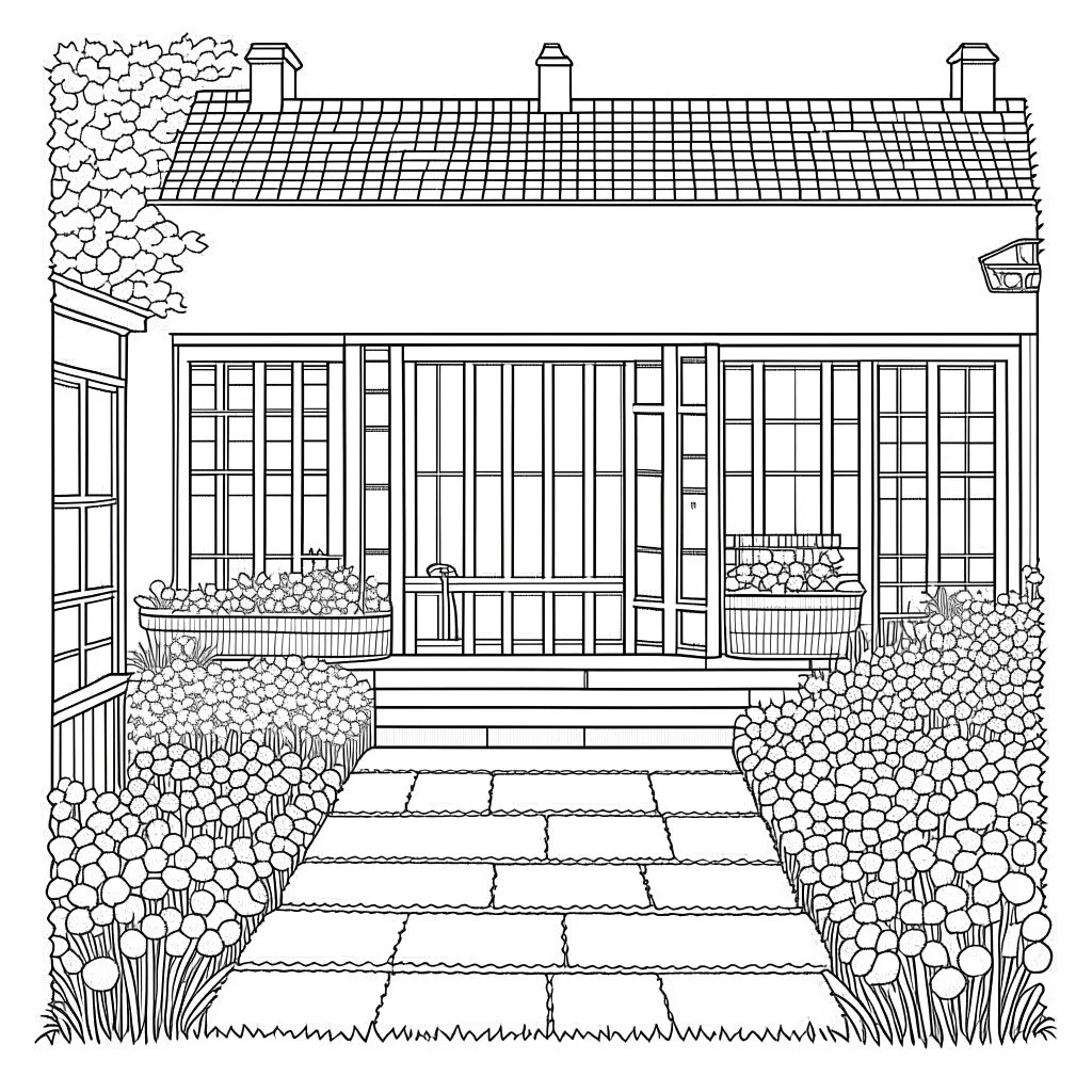 GARDEN HOUSE, "Cozy Courtyards: Find comfort the charming courtyards of the Garden House.", full view, realistic, coloring page, only draw lines, coloring book, clean line art, wildlife-inspired, kid style, –no sketch, color, –ar 3:4, white background, minimalistic black lines, 8k, minimal black color, low level black colors, coloring page, use pure black and white colors, avoid thick black colors, thin black line art, avoid colors, perfect shape, perfect clear lines, clear edges,