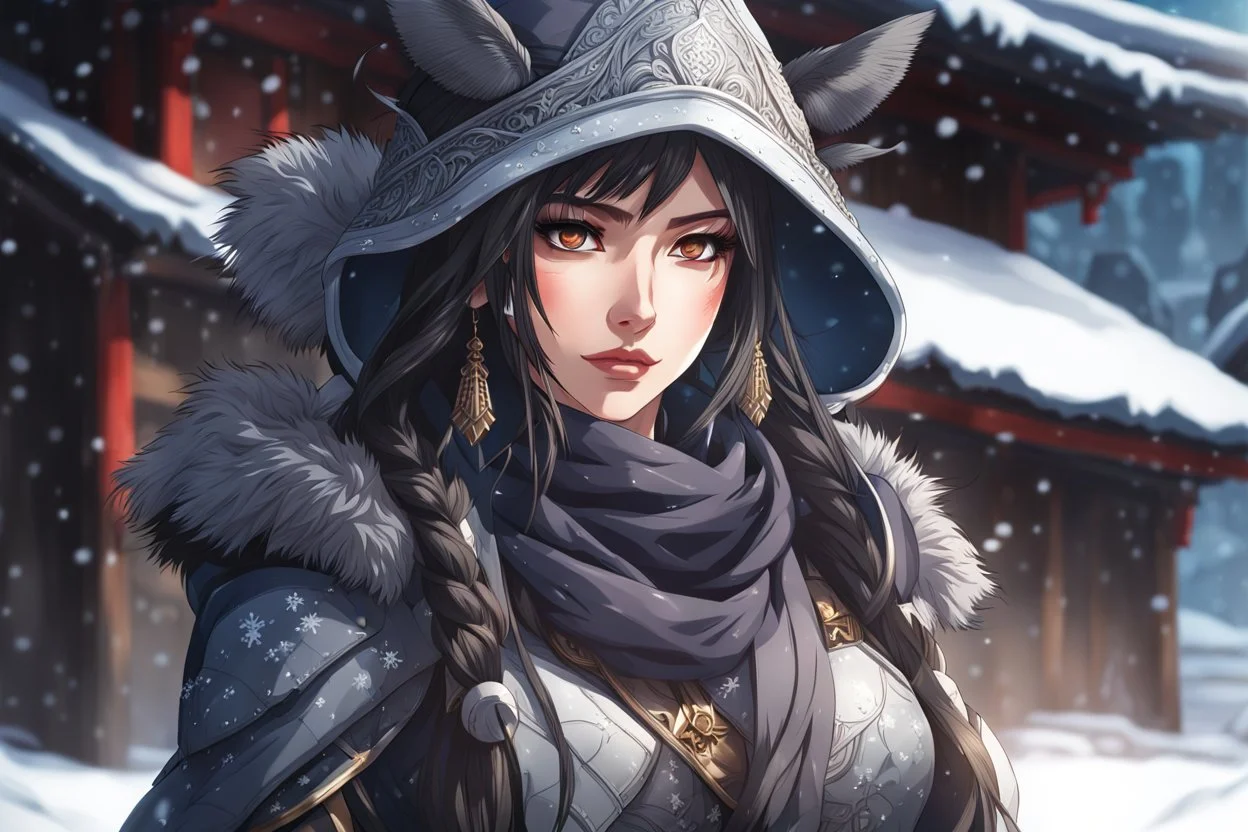 Beautiful girl in 8k anime realistic drawing style, ronin custom, kindred mask, close picture, snow, apocalypse, intricate details, highly detailed, high details, detailed portrait, masterpiece,ultra detailed, ultra quality