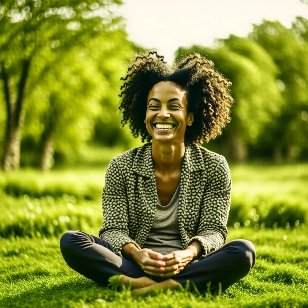 "A person smiles and feels contentment and serenity while practicing meditation in nature. They may be sitting on the grass or by a tranquil lake, placing their hands on their knees, and blissfully closing their eyes."\