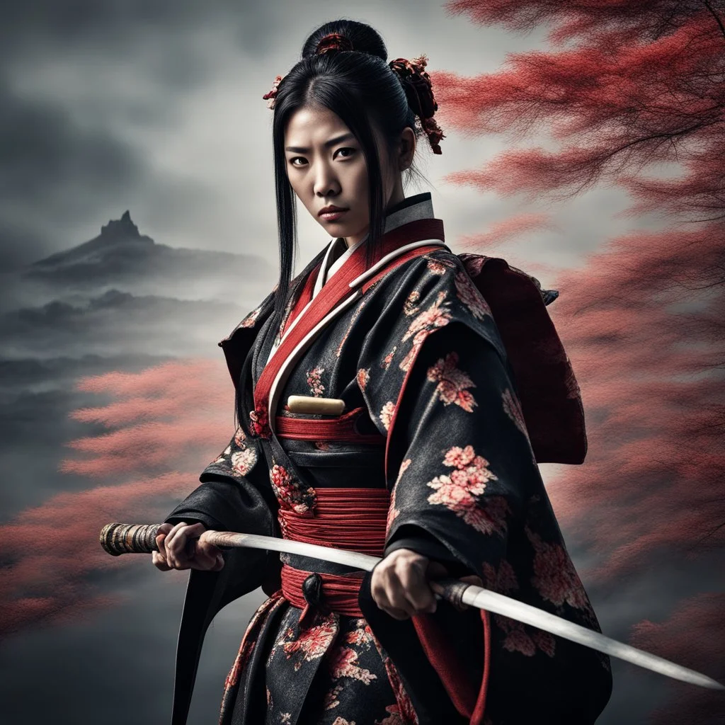 Behold the powerful alluring and pretty Japanese samurai woman, her body adorned with the traditional samurai costume, HDR, beautifully shot, hyperrealistic, sharp focus, 64 megapixels, perfect composition, high contrast, cinematic, atmospheric, moody