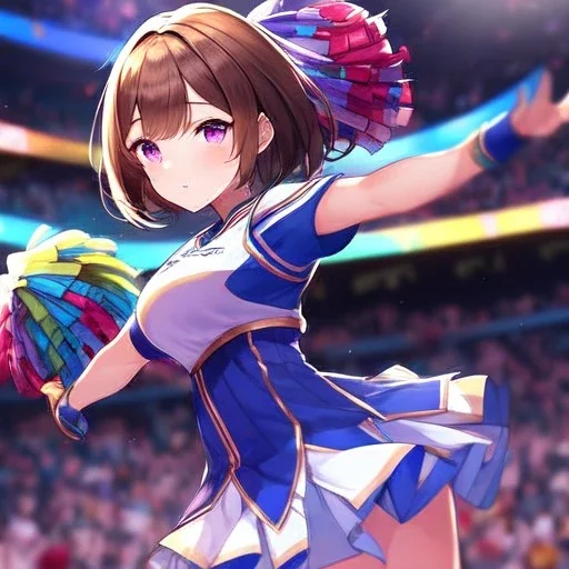 Clear focus,High resolution, one girls, Short brown hair, Purple eyes, Cheerleader