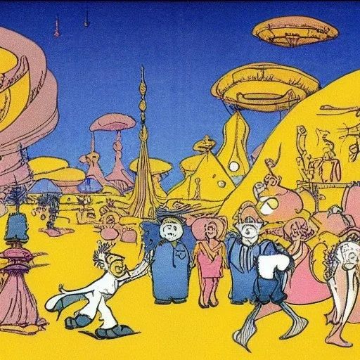 Village in the cosmos in Winsor McCay style and dr seuss style