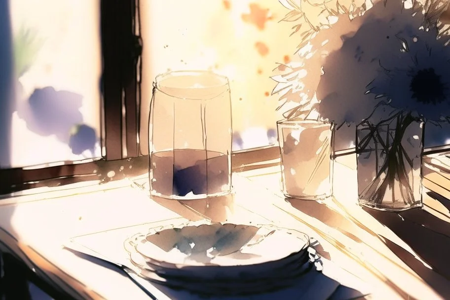 Anime, pixar, cute, table in a nice restaurant next to the window, meal, wine and flower on it, melting watercolor and black ink outlines on wet paper, soft, shading strokes, in sunshine, ethereal, otherwordly, cinematic postprocessing, bokeh, dof