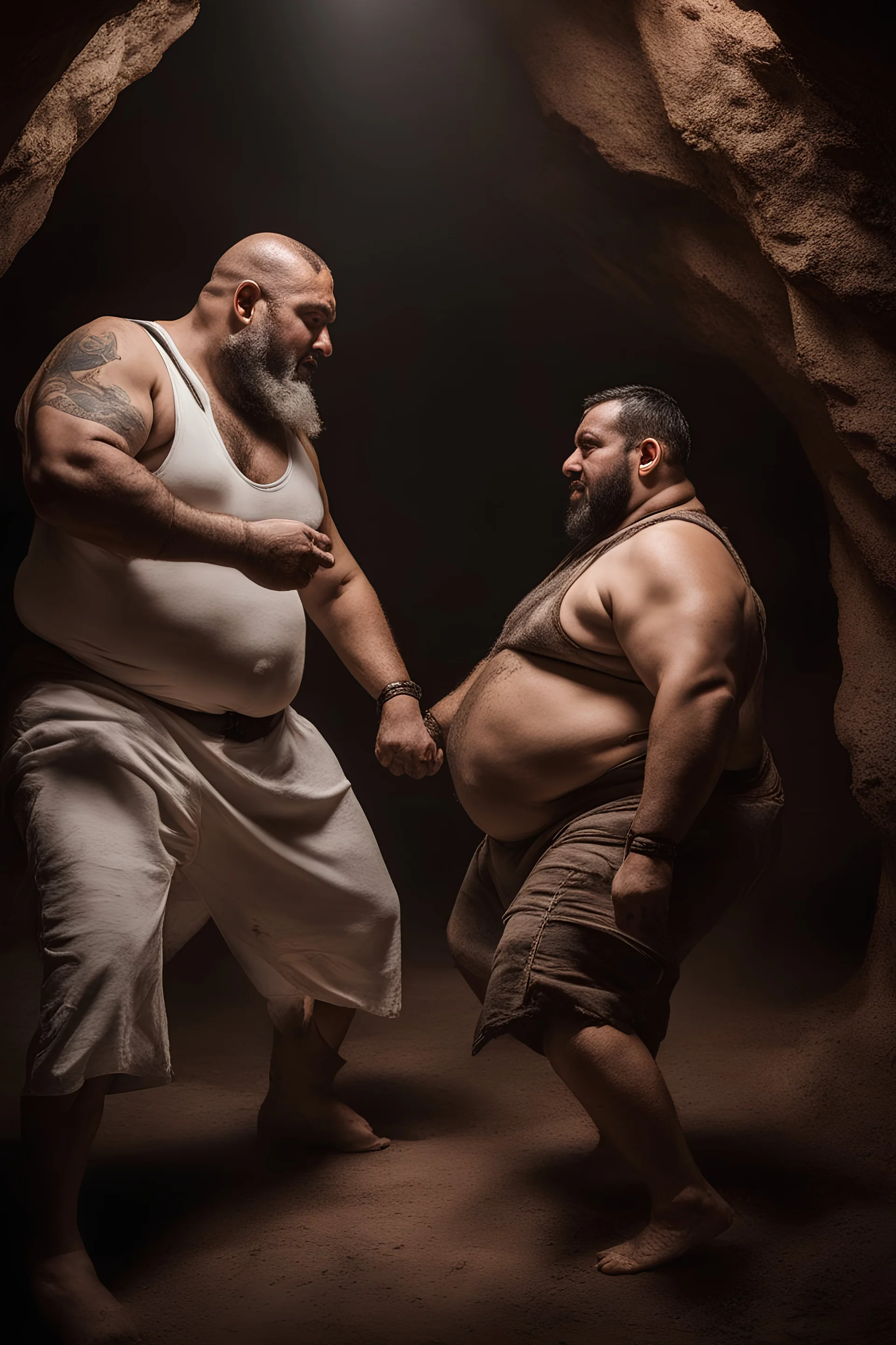 full figure shot photography of two chubby stocky arabs prisoners fighting close, 49 years old in white boxer and dirty tank top, short hair, beard, hairy, sweat, tattoo, in a dark cave, ugly, bullneck, muscular, manly chest, manly arms, emotive eyes, photorealistic, ultradetailed, 32k, ambient occlusion, lit by bonfire, misery and poverty, side view from below