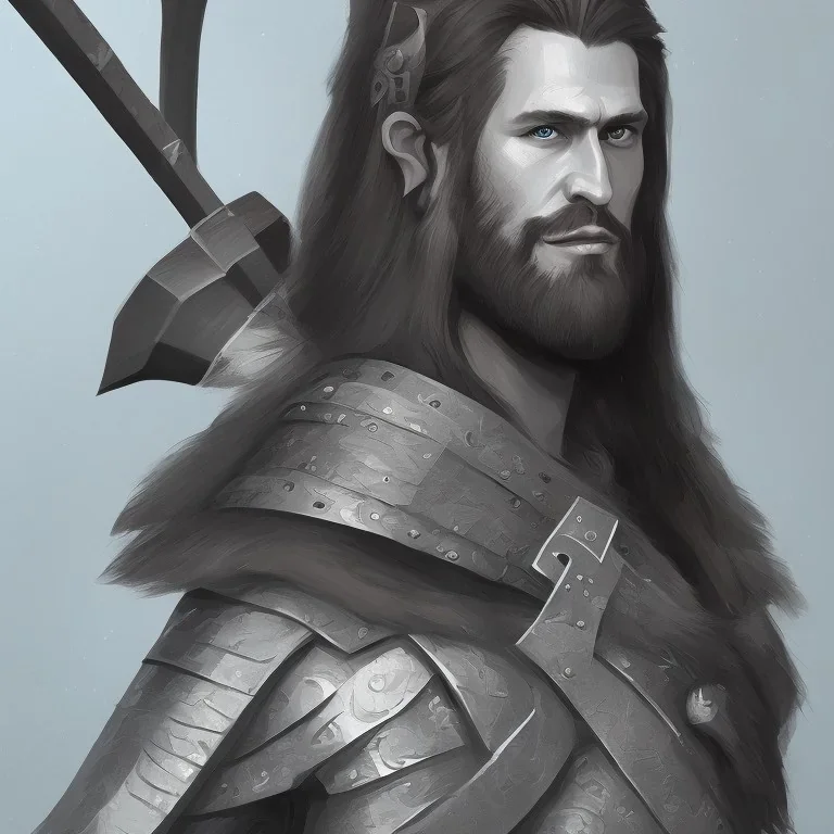 Portrait of Gradwulf the barbarian warrior in art deco style. He is an unattractive man in his 30s with battlescars across his face. He wields a two-handed battle-axe.