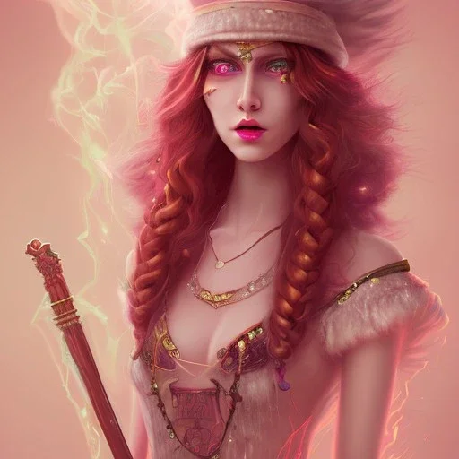 Fire witch, sweet looking, intimidating beauty, young, round face, pale skin, freckles, wild curly pink hair, red colored eyes, wearing a pink witch hat, wearing a glowing pink-red crystal necklace, pink and red eyeshadow, glossy pink lips