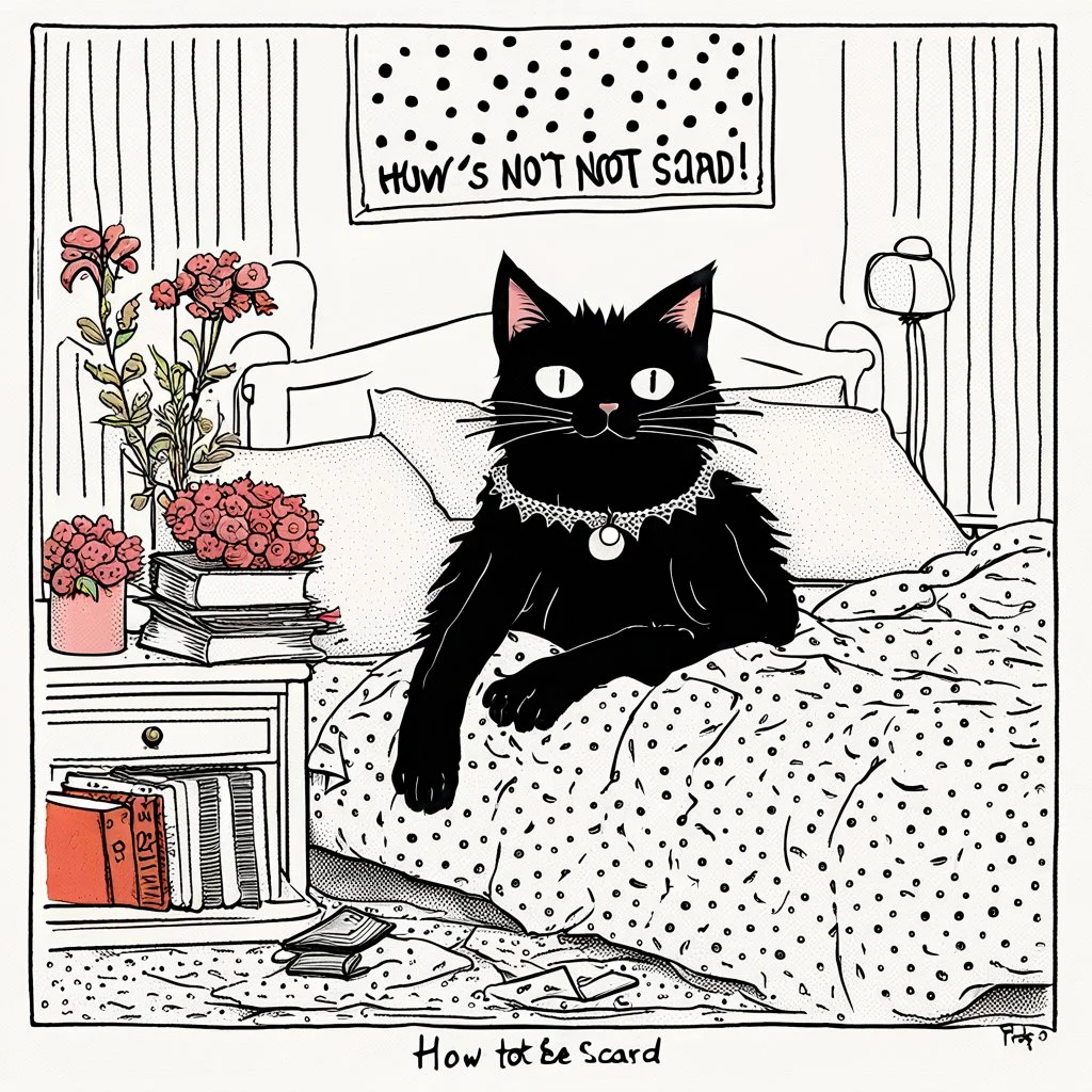 A whimsical hand-drawn cartoon of a ruffled black cat with wildly anxious eyes, wearing a polka-dot nightcap, perched on a bed strewn with floral pillows and tossed papers. The cat’s paws clutch an oversized book titled ‘How Not To Be Scared’. Above the headboard hangs a Friday the 13th calendar page marked Friday the 13th and a ghost-shaped sticky note that reads “Boo!” rests on the pillow. A knocked-over coffee mug drips on the bed. Warm, golden lamplight bathes the scene in rosy shadows, acce