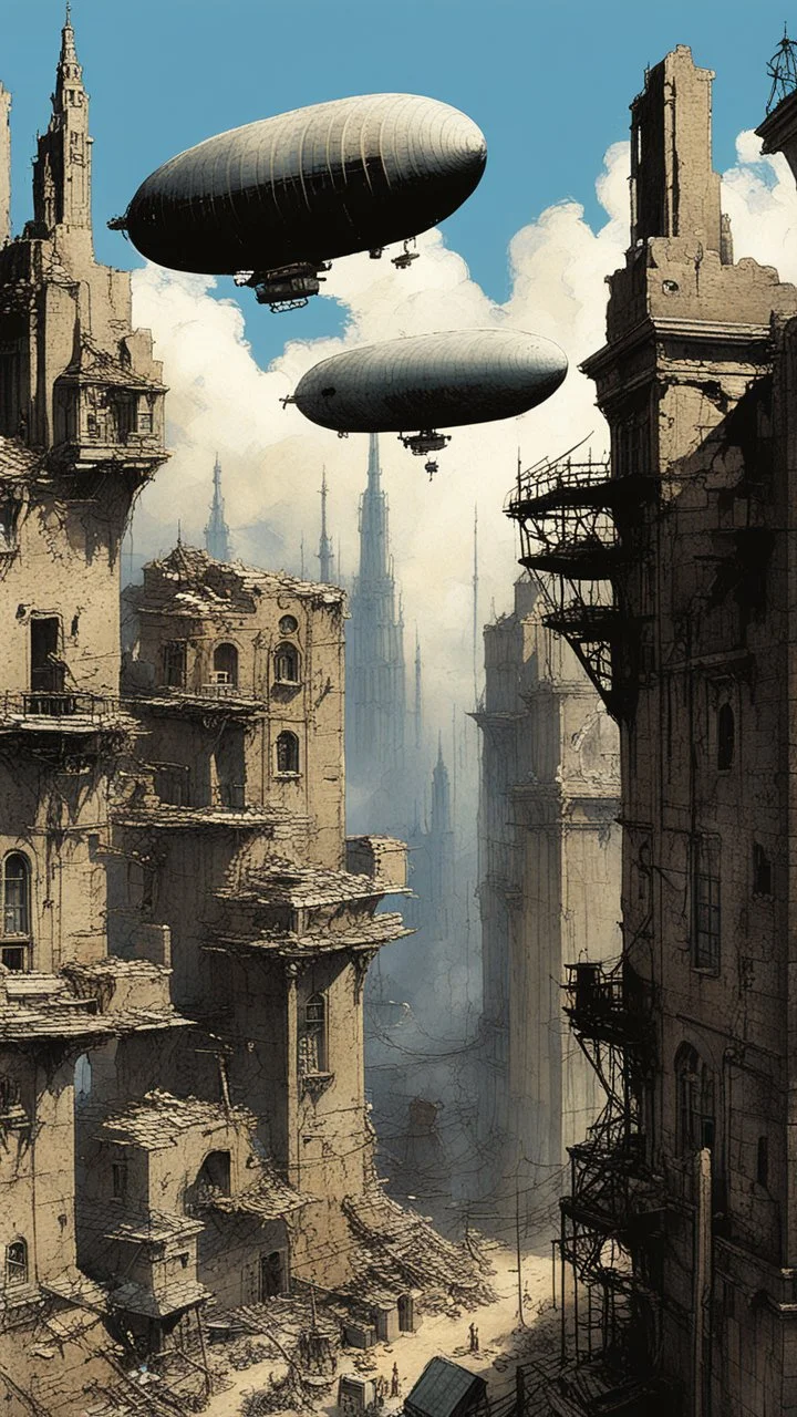 A small futuristic city in the ruins of an old building, blue sky, in the style of Gerald Brom and John Berkey, a large blimp floats above buildings, a house is made from concrete blocks, there is graffiti on walls, several tall towers with white spires tower over the scene. --ar 91:128 --v 6. 0