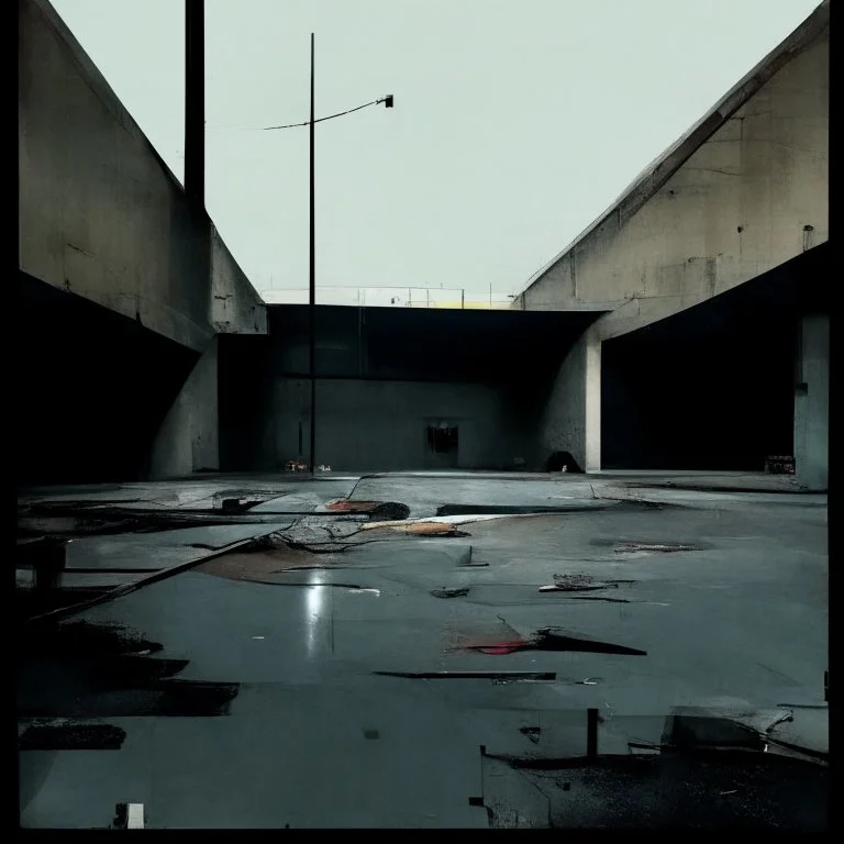 Minimal abstract oil paintings of a desolate concrete 1960s carpark. Road with distant Blurry lights. On the floor are concrete fragments and road markings . In the dark mysterious style of Justin Mortimer and Francis Bacon.