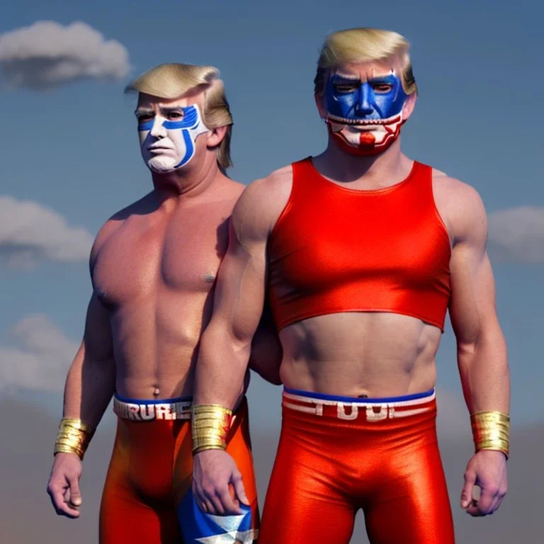 Realistic image of Donald trump wrestler, Mexican wrestling style, Mexican wrestling mask for eyes, red and blue breeches, glow confederate flag dress, suspenders, retro style, 80s, vibrant color, highly detailed, sky background, concept art, unreal engine 5, god rays, ray tracing, RTX, lumen lighting, ultra detail, volumetric lighting, 3d, finely drawn, high definition, high resolution.