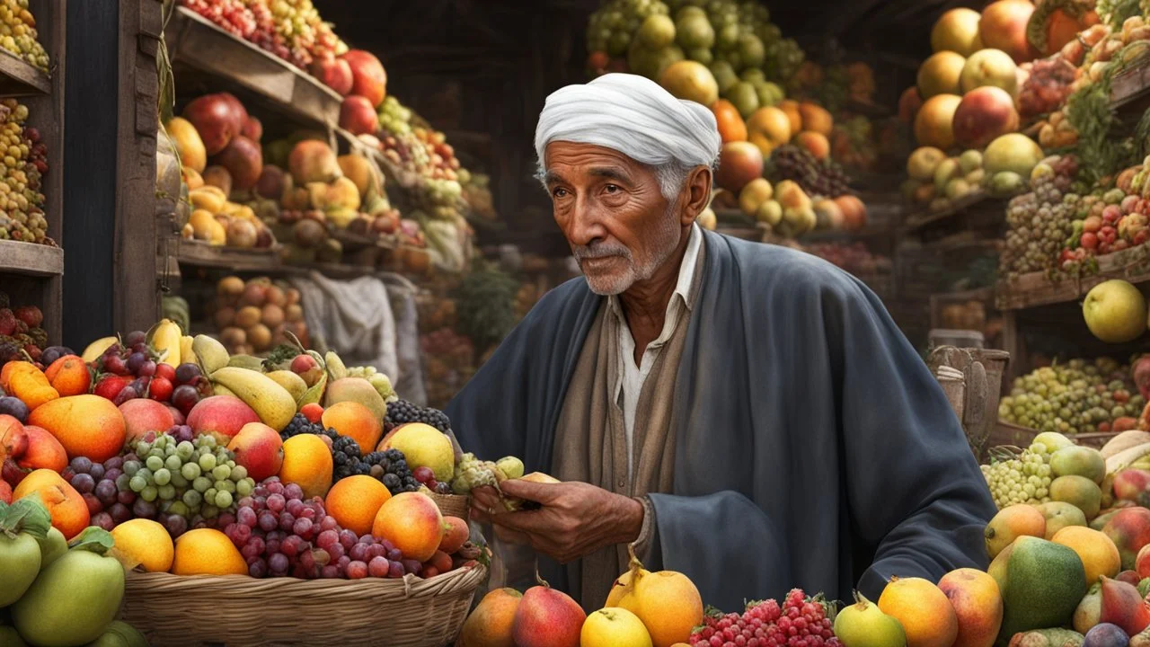 elderly male market trader selling many different types of fruit, showing his head and upper body, perfect eyes, perfect anatomy, exquisite composition, beautiful detailed intricate detailed octane render, 8k artistic photography, photorealistic, soft natural volumetric cinematic perfect light, chiaroscuro, award-winning photograph, masterpiece, raphael, caravaggio, bouguereau