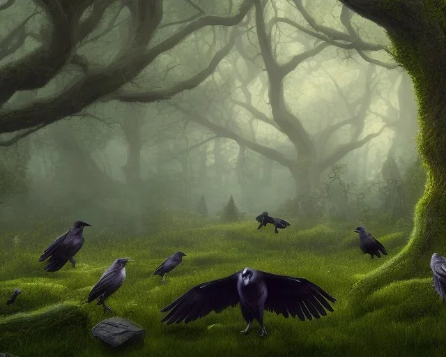 landscape, forest, ravens flying, hyperdetailed, 8k resolution