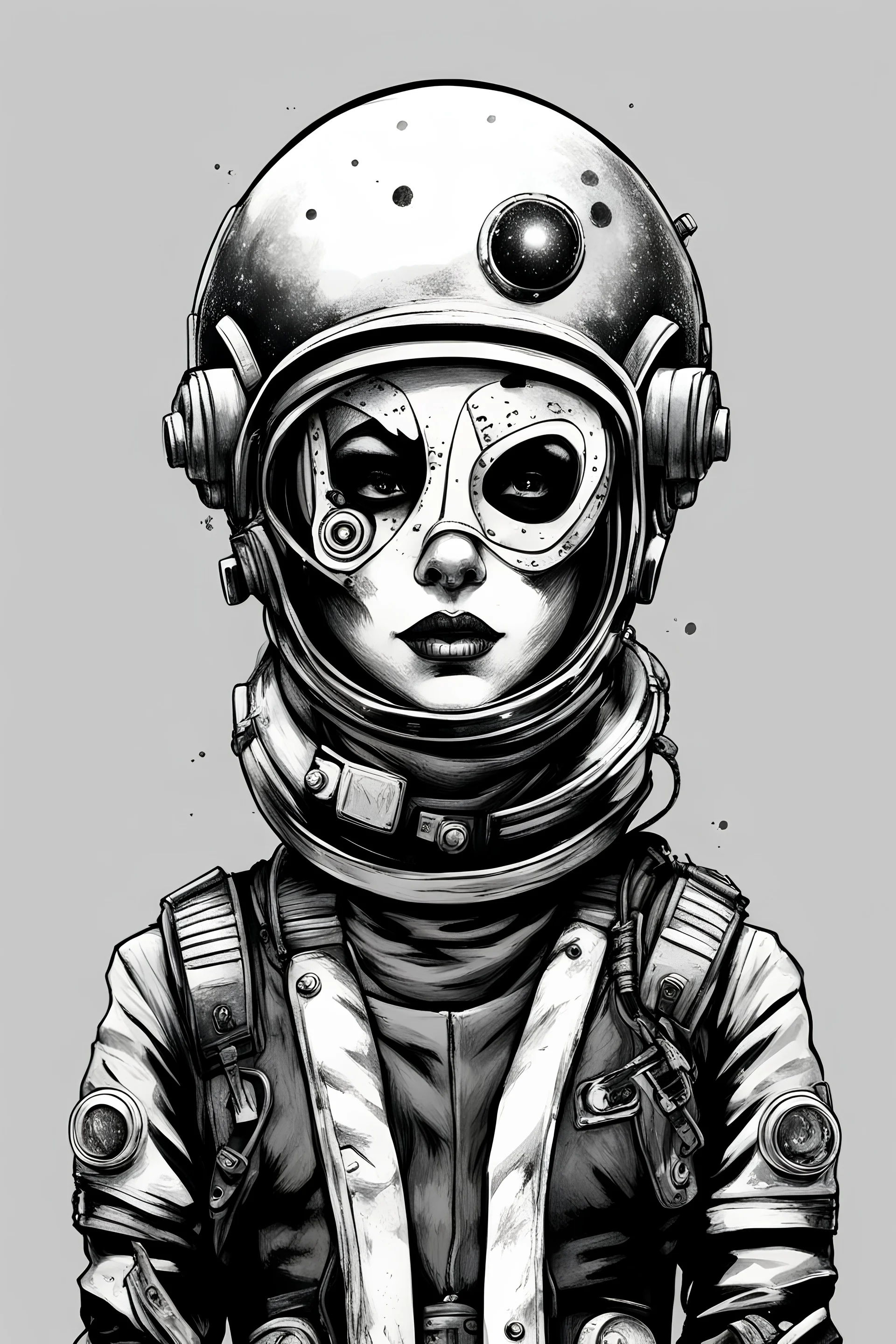 rebel punk with a space helmet on, black and white hand drawn full body. face covered