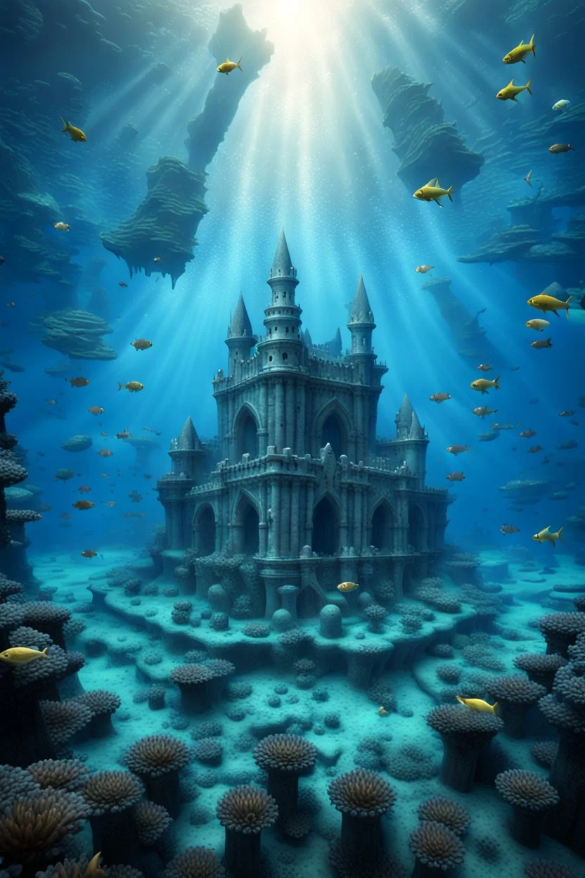 an ancient weird ruins castle from atlantis in the middle of the ocean surrounded by fish, digital fantasy art, in deep sea water, it is an stunning etheral old place, an ecological gothic scene, underwater photograph, reconstruction, stunning ruins, flooded monuments, high detalies, sharp focus, realistic