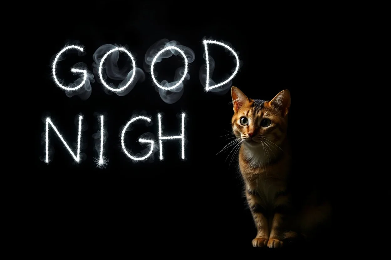 cat and sign "GOOD NIGHT" made of smoke, black background