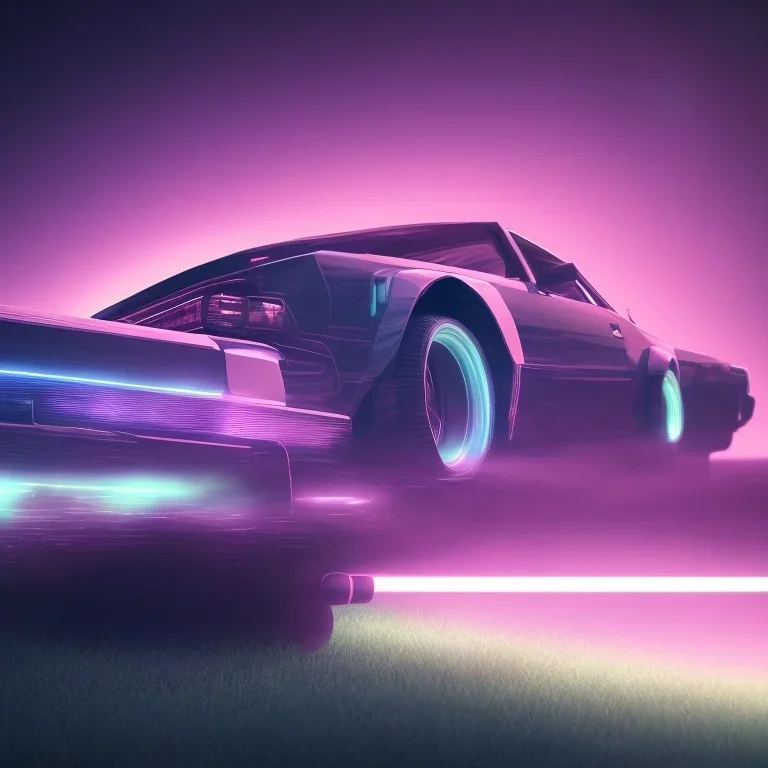 1980's aesthetic vaporwave sports car glowing in a dark field at night