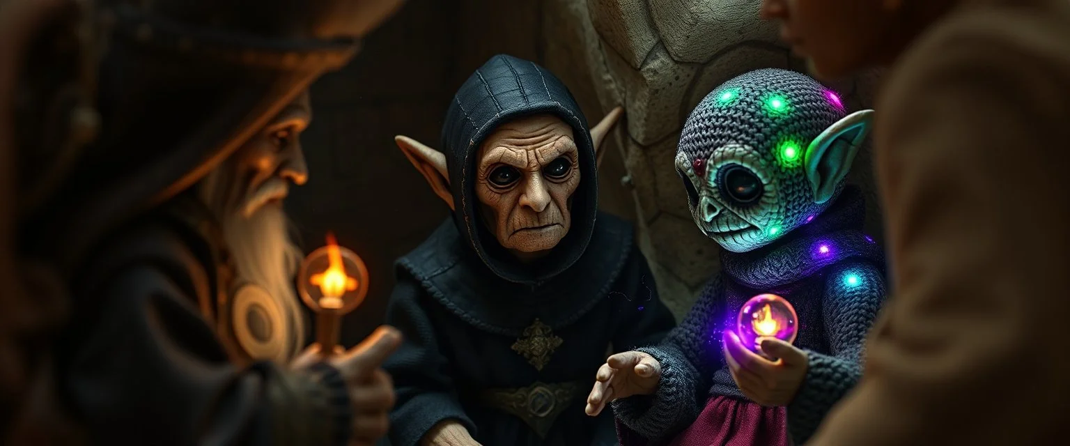 pin hole picture, miniatures on fake scene,master oil painting by Rembrandt, good afternoon bitch scary dark elf character aged matron malice talking to dark elf half spider priests of Menzoberranzan, close up portrait of a cunning knitted doll trying to explain something weird, they all have strange multi colored magical auras